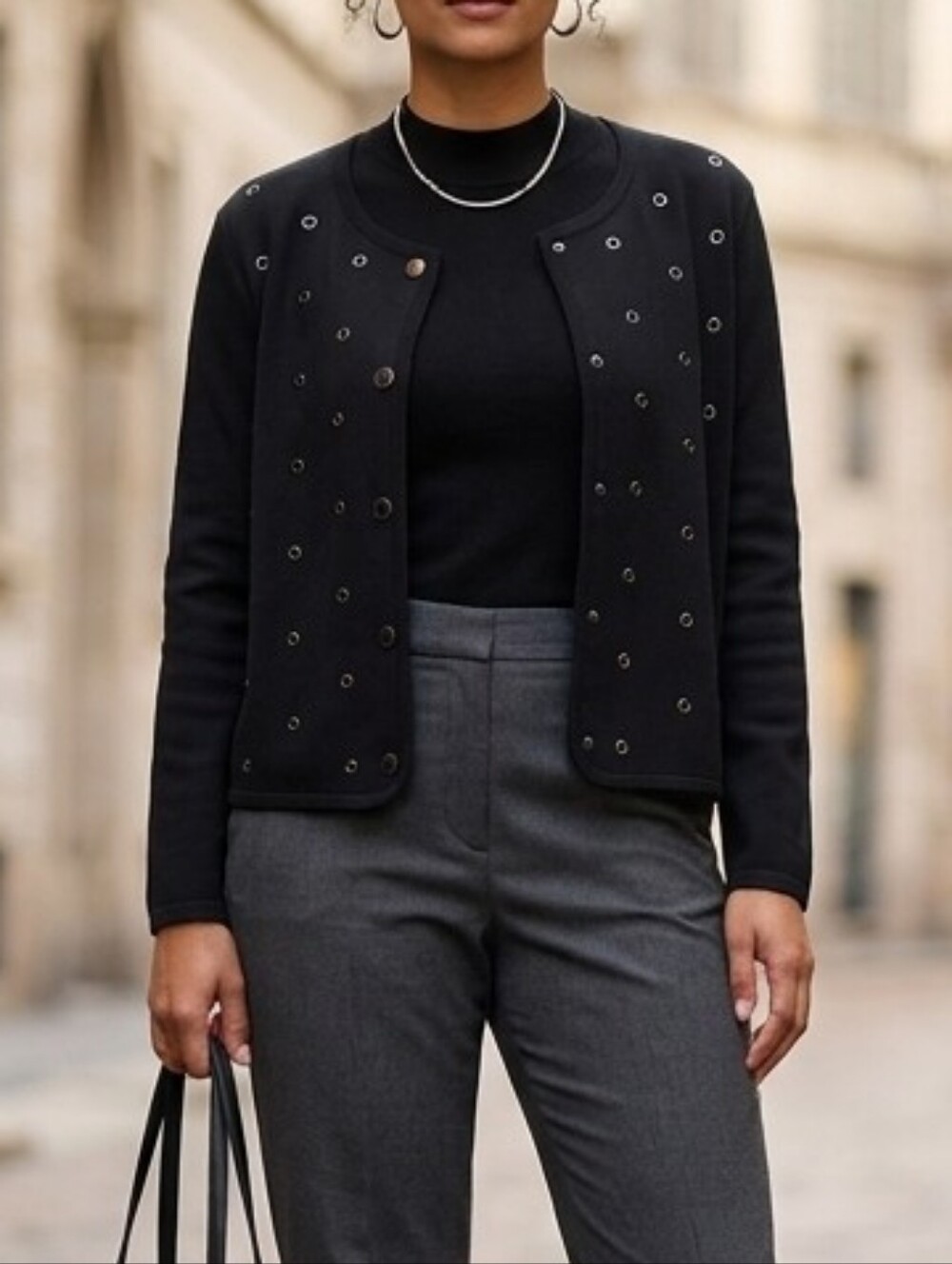 Black Eyelet-Detail Snap-Front Cardigan